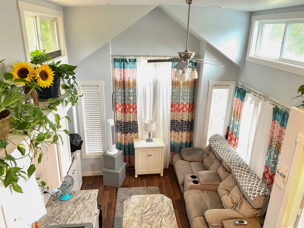 Interior living and kitchen area of a tiny house