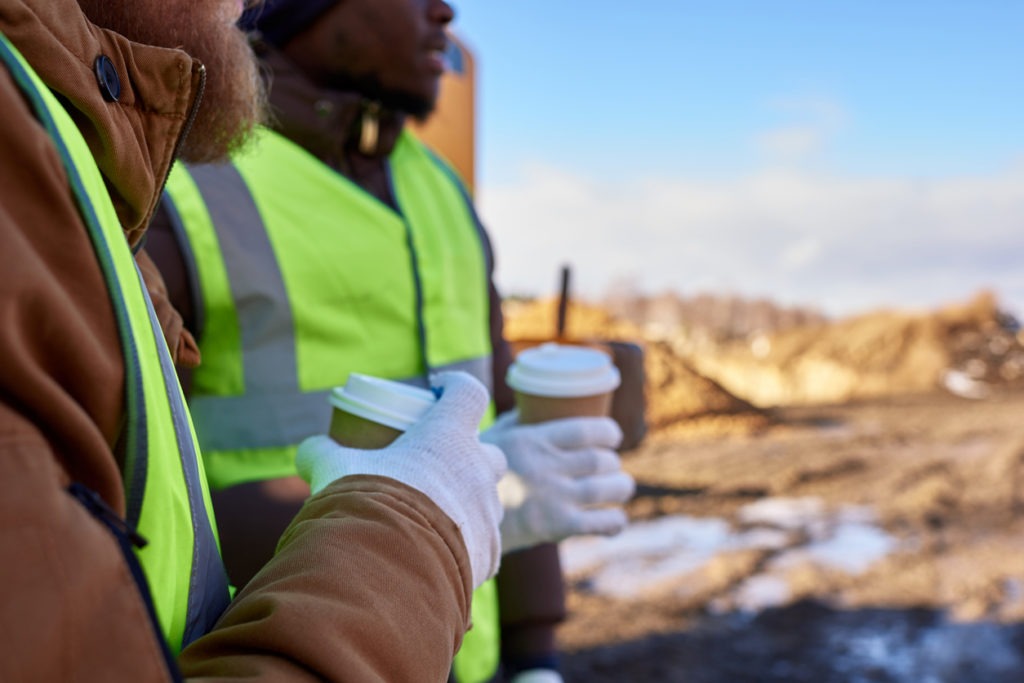 drinking coffee, workers, chatting, industrial truck