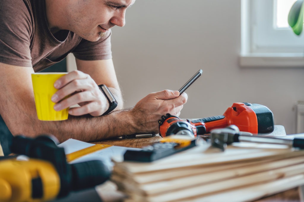 tools, table, cup of coffee