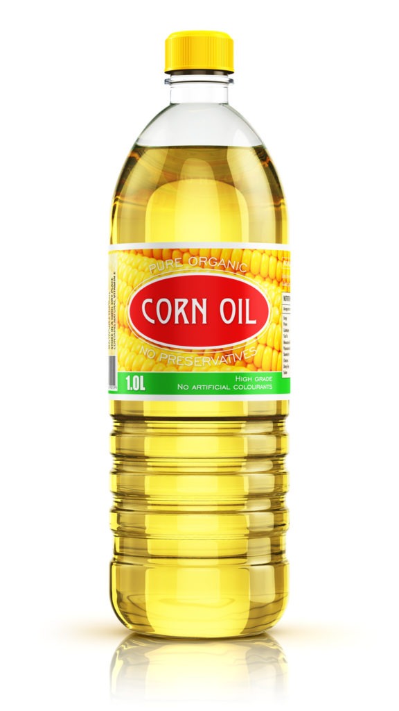 A yellow refined vegetable maize cooking oil or organic fat bottle in a 3D rendered illustration is shown isolated on a white background with a reflection effect. 