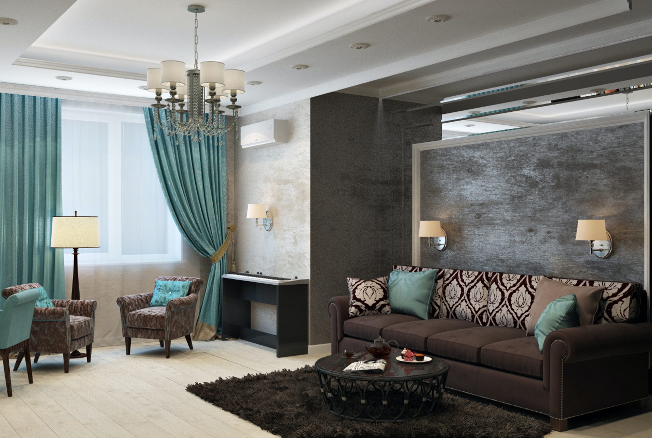 sofas, chairs, and a black lamp in a living room