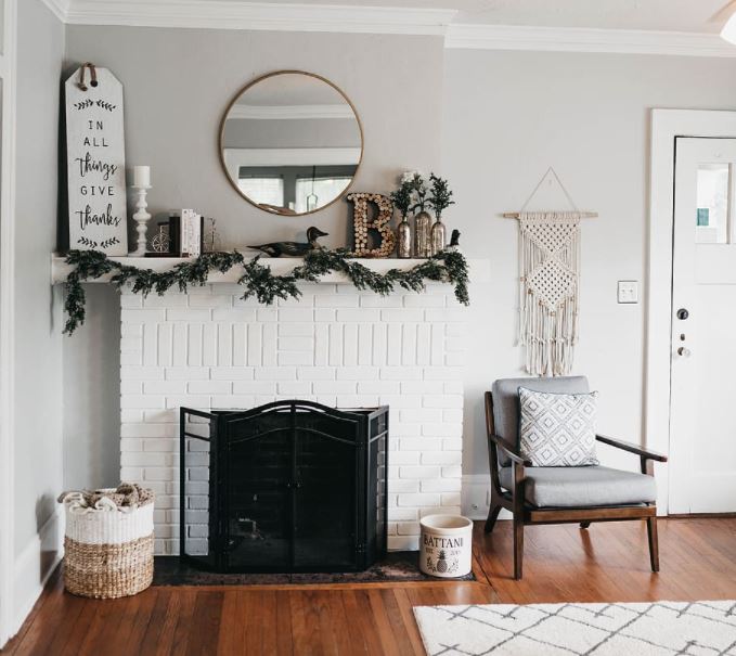 A decorated fireplace mantel