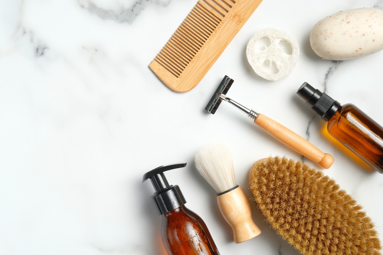 A beard brush with other shaving and bath accessories for men
