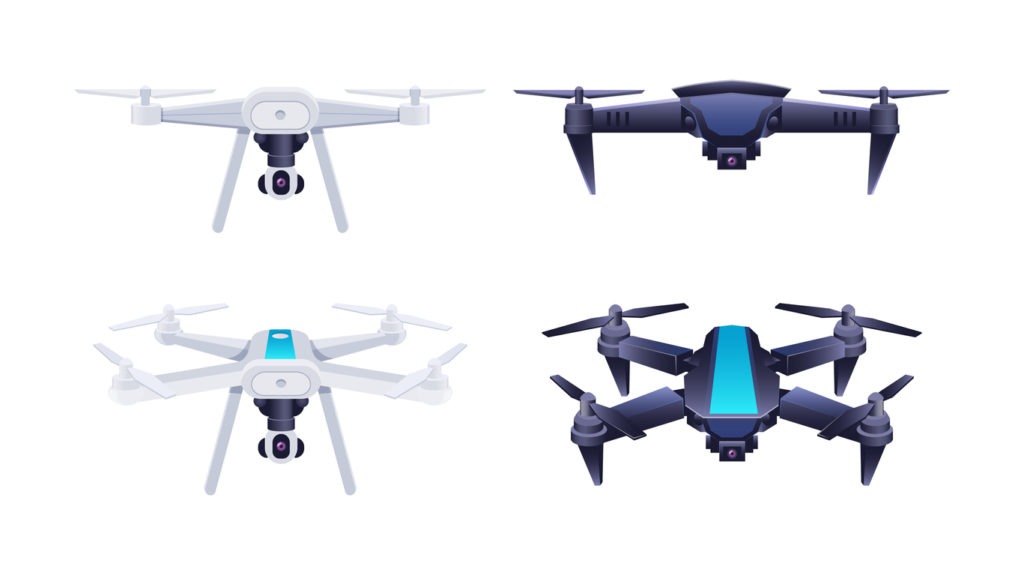 Different flying drones. Set of modern electronic devices for observation or surveillance from the air. Rotating controlled robotic technology for delivery or entertainment cartoon vector