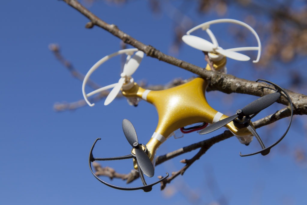 Drone quadcopter accident scene, DRONE Quadrocopter crashed on a tree in a city park