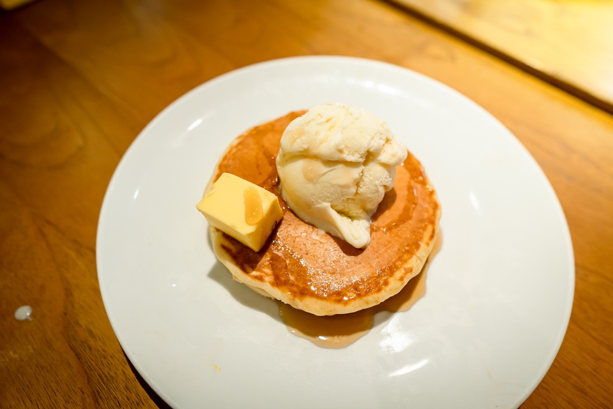 Pancakes with butter, maple, and ice cream