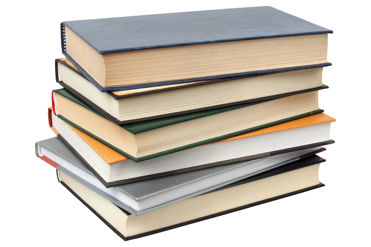 a pile of books in white background