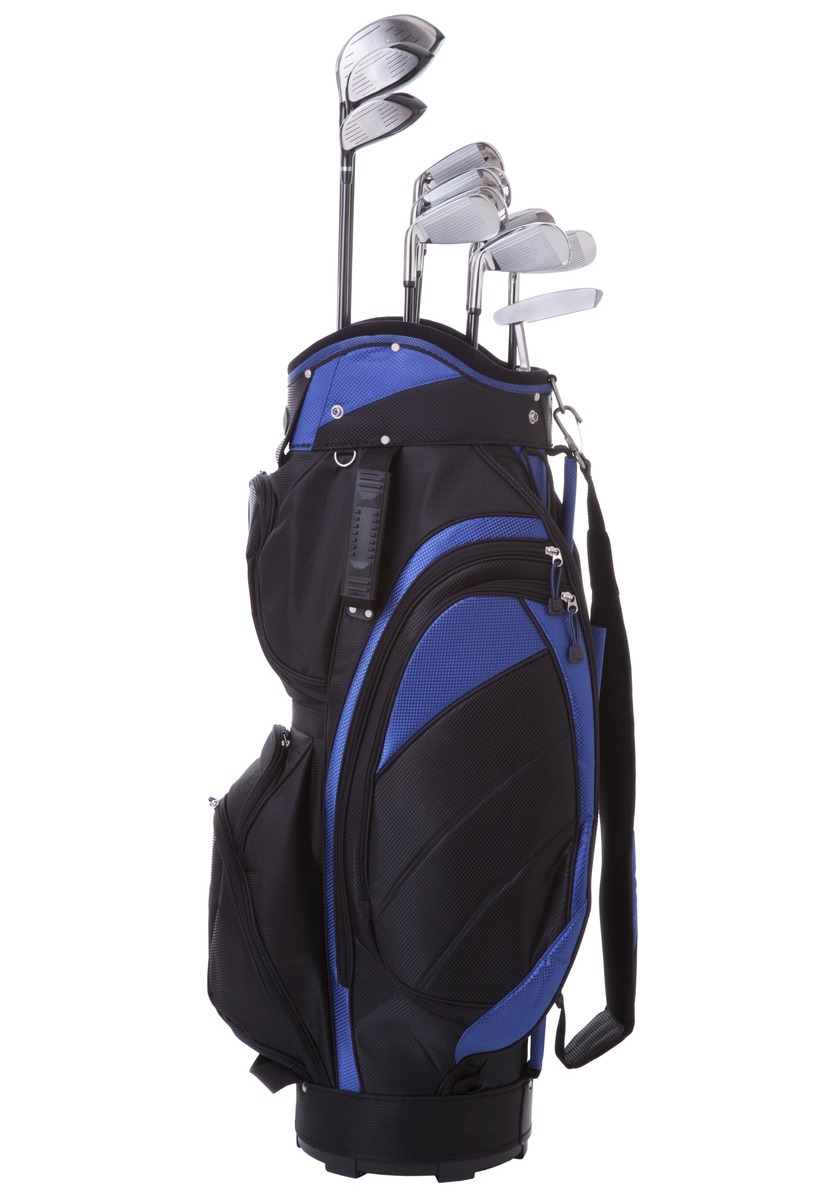 blue and black golf bag with clubs in white background