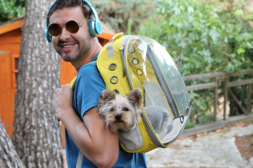 Handsome man carrying dog in a backpack