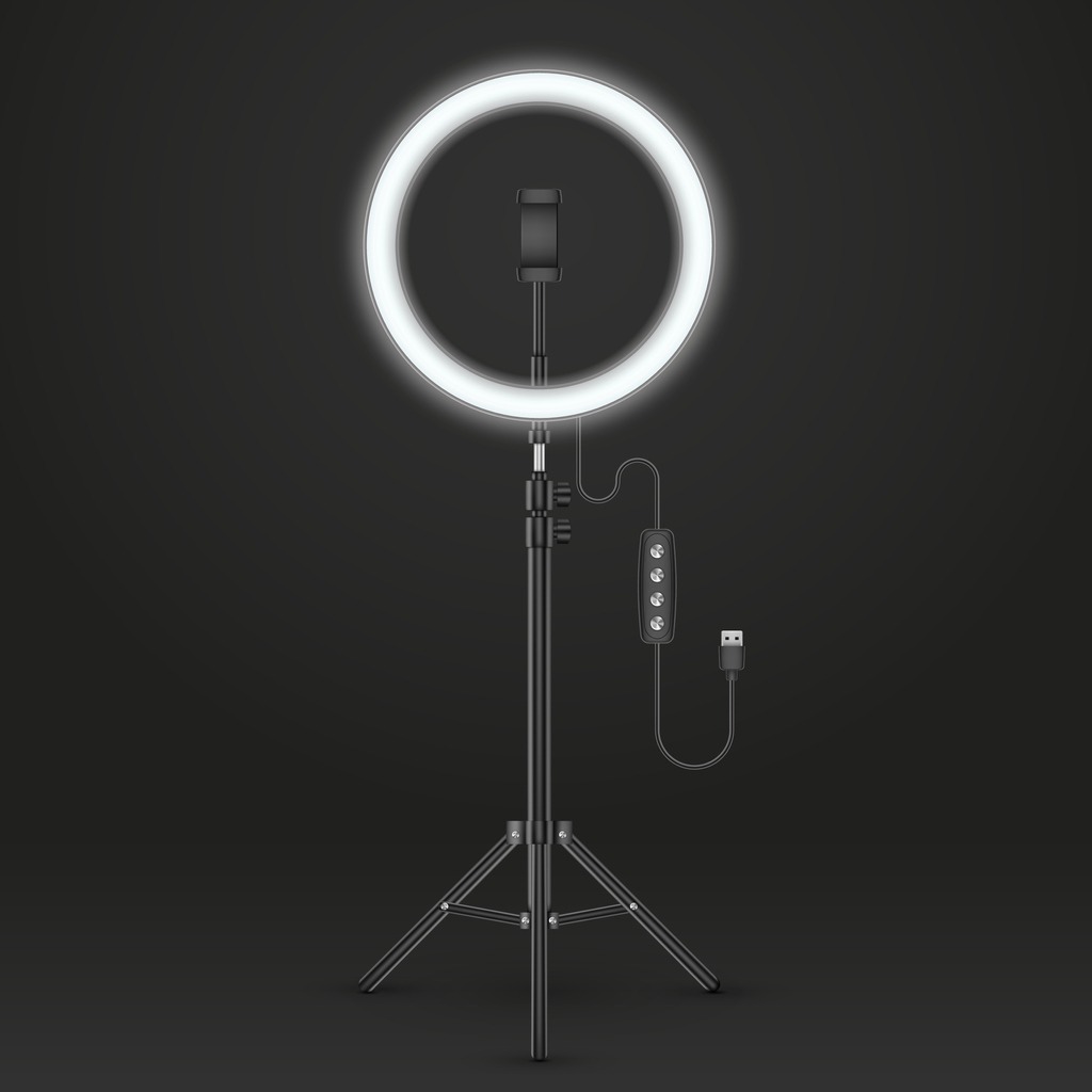 lighted ring light with tripod and phone holder in black background