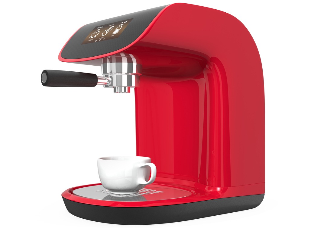 red espresso maker with a cup  in a white background