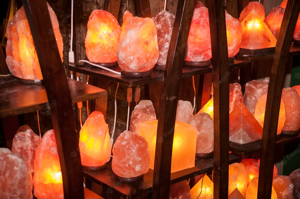Shelves full of Himalayan salt lamp ready to be sold