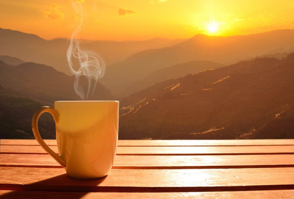 morning cup, coffee, sunrise