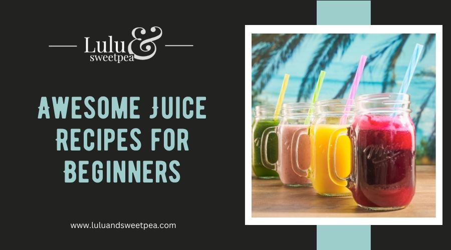 Three small glasses of fresh juice around fresh produce