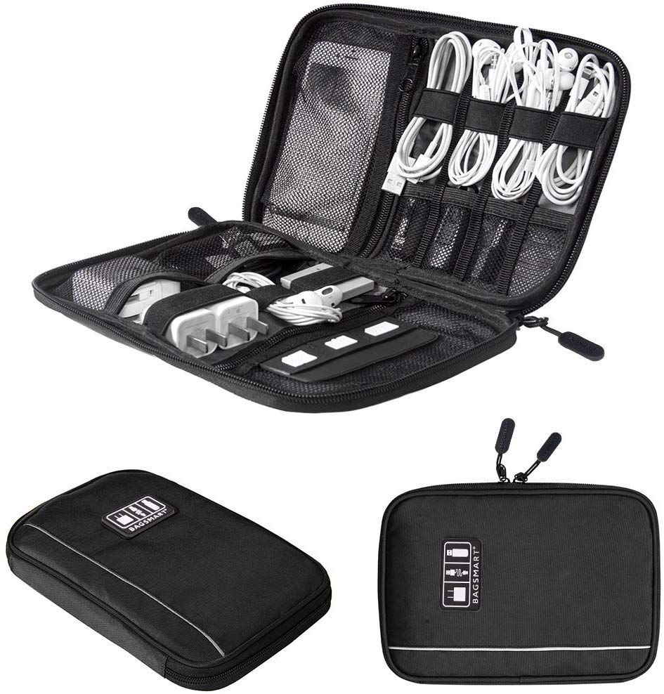 an electronic accessories travel organizer with cables and chargers