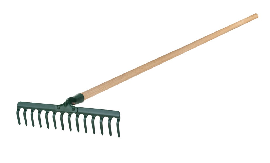 Garden rake with wooden handle isolated on white background