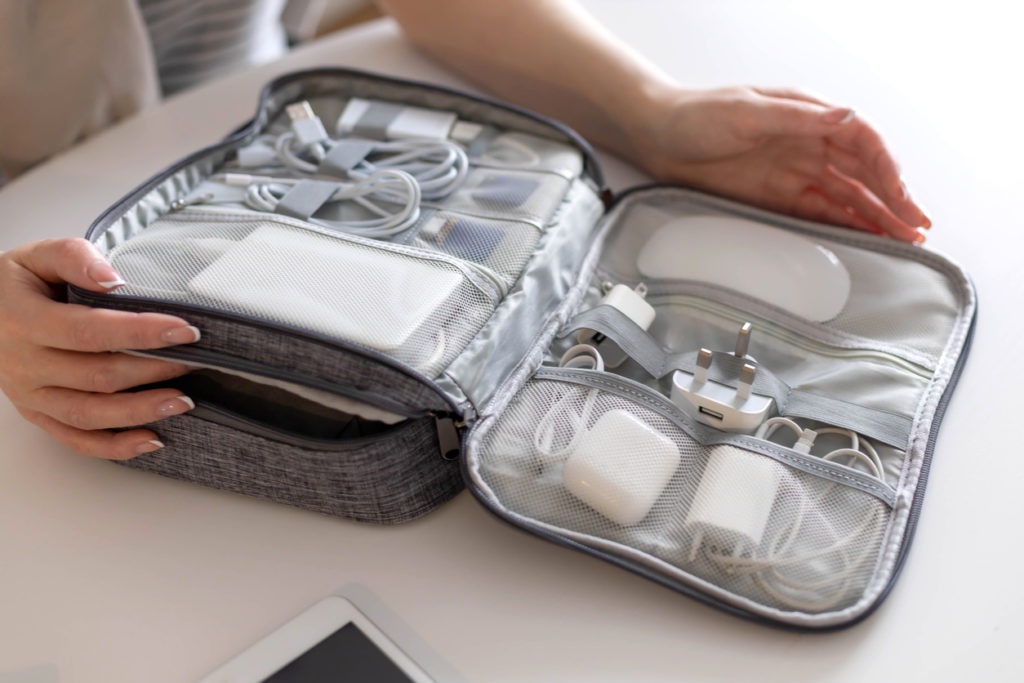 Closeup modern comfortable storage case electronic device and tools at save package for travel