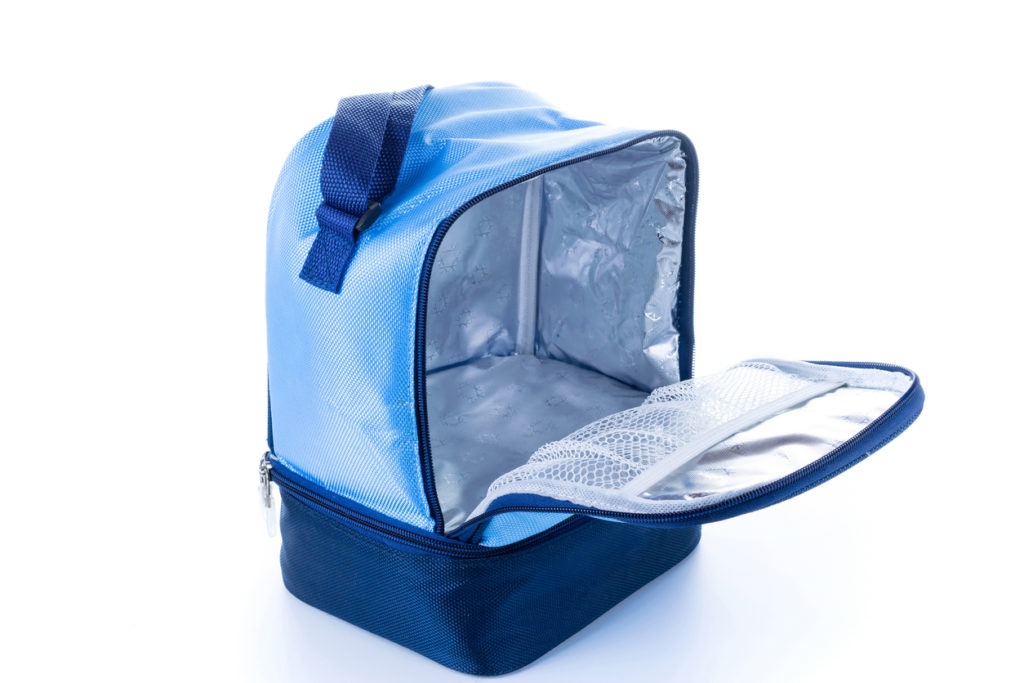 Blue coloured lunch box backpack open and showing insulation. 