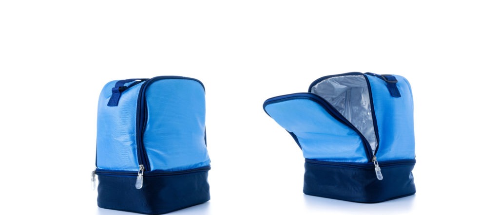 Two blue-colored lunchbox backpacks.