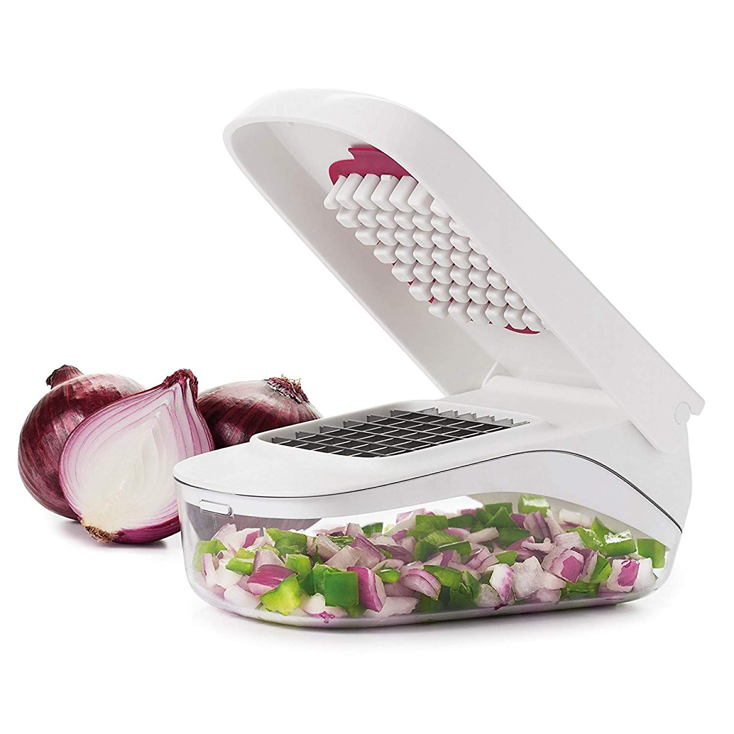 a vegetable chopper and onions