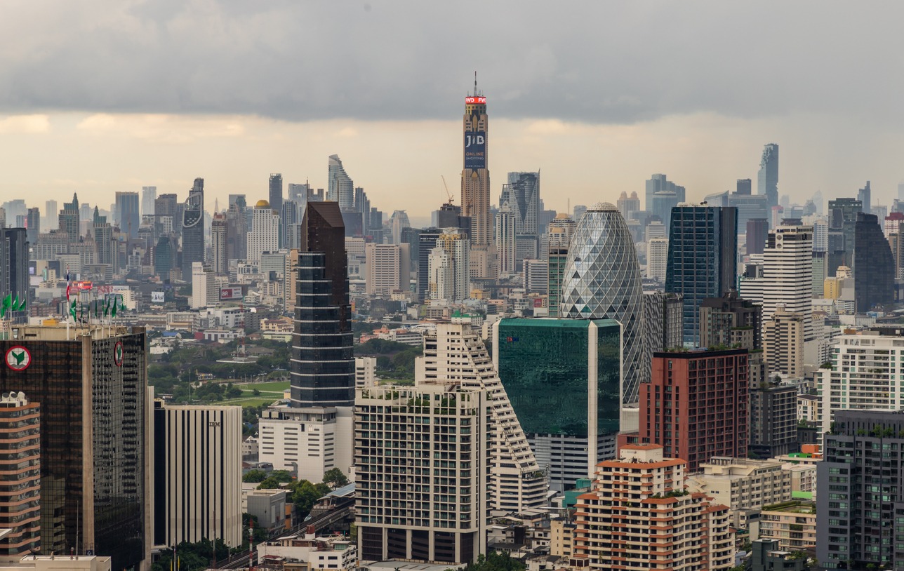 MahaNakhon, the city's tallest building from 2016 to 2018, stands among the skyscrapers of Sathon Road, one of Bangkok's main financial districts