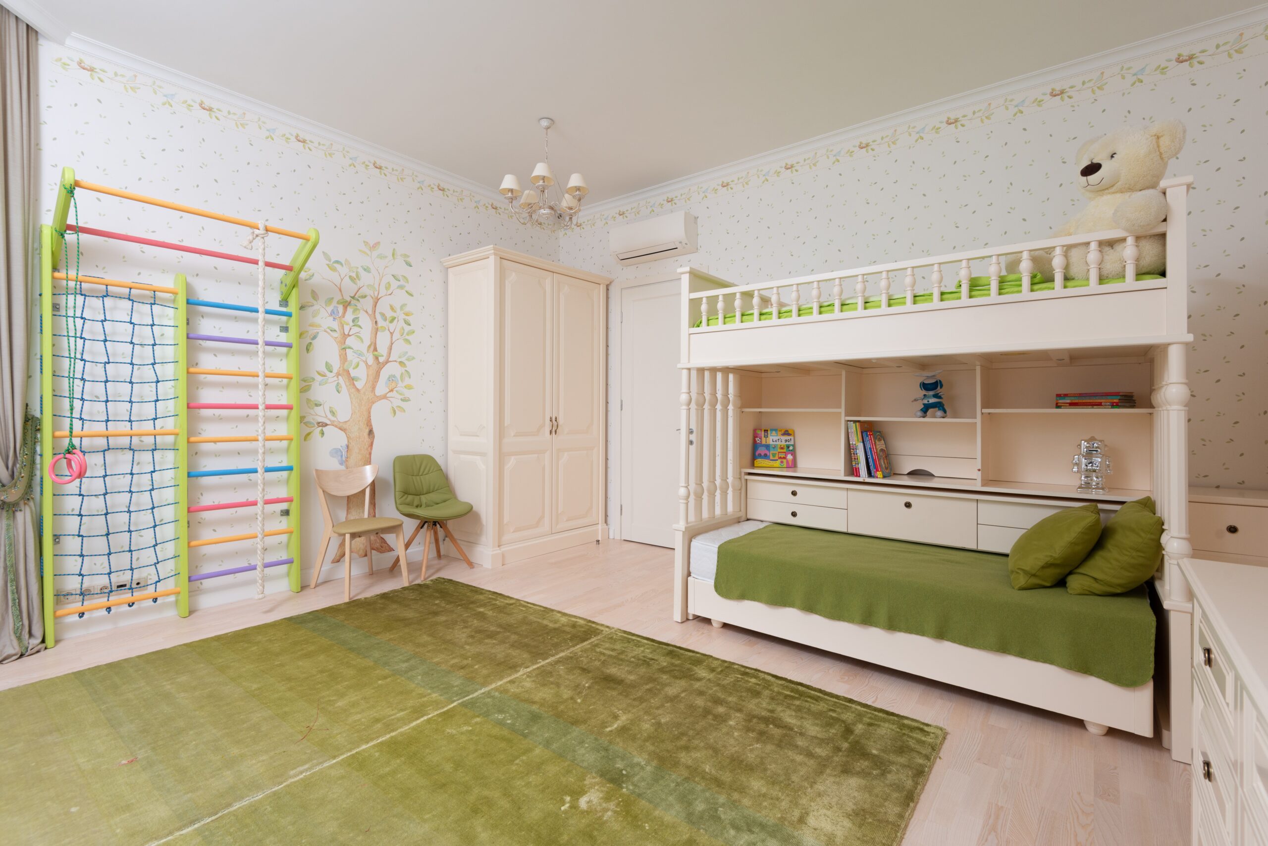 two bunk beds in a kids room