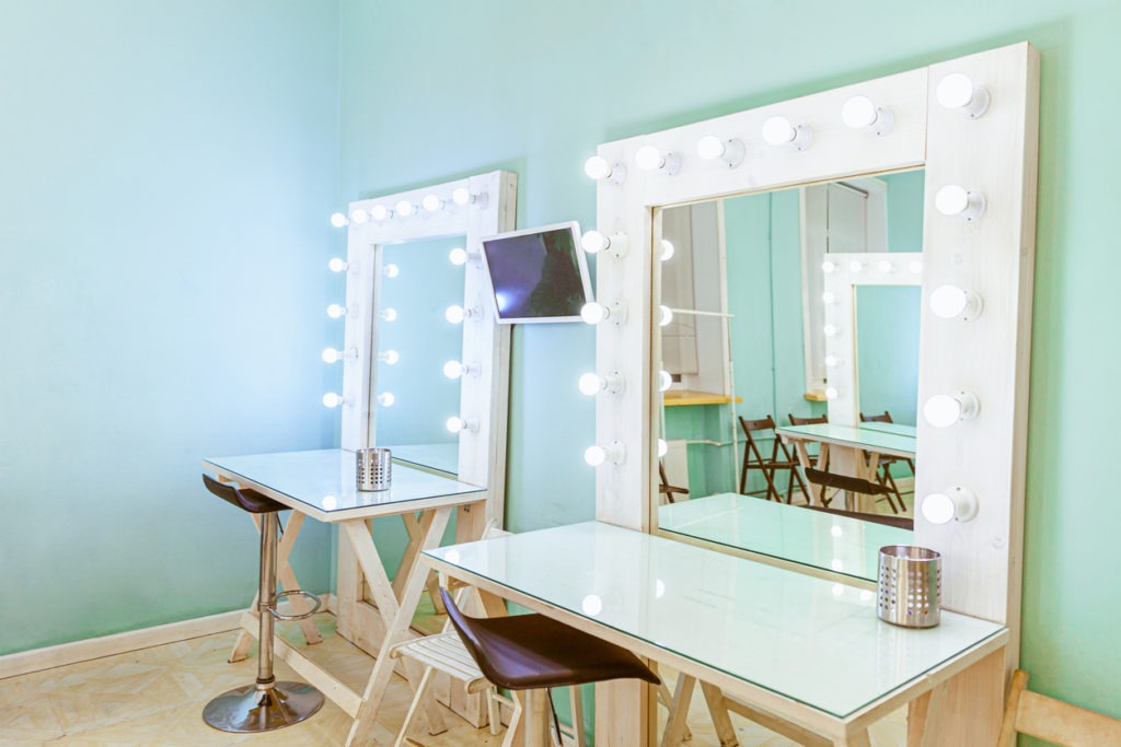 dressing room with makeup mirror and table, makeup table with mirror and bulbs