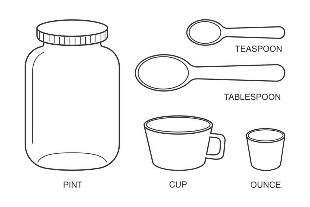 Pint, cup, ounce, tablespoon, teaspoon icons, basic kitchen metric units of cooking