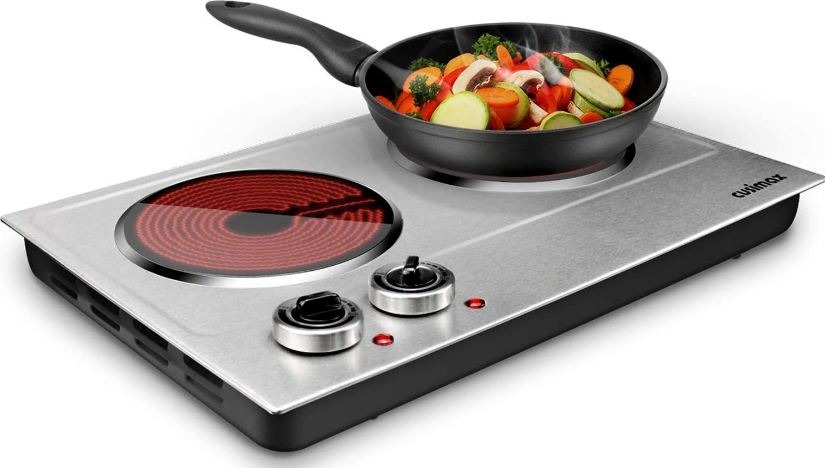 A CUISIMAX double burner solid ceramic disk electric stove.