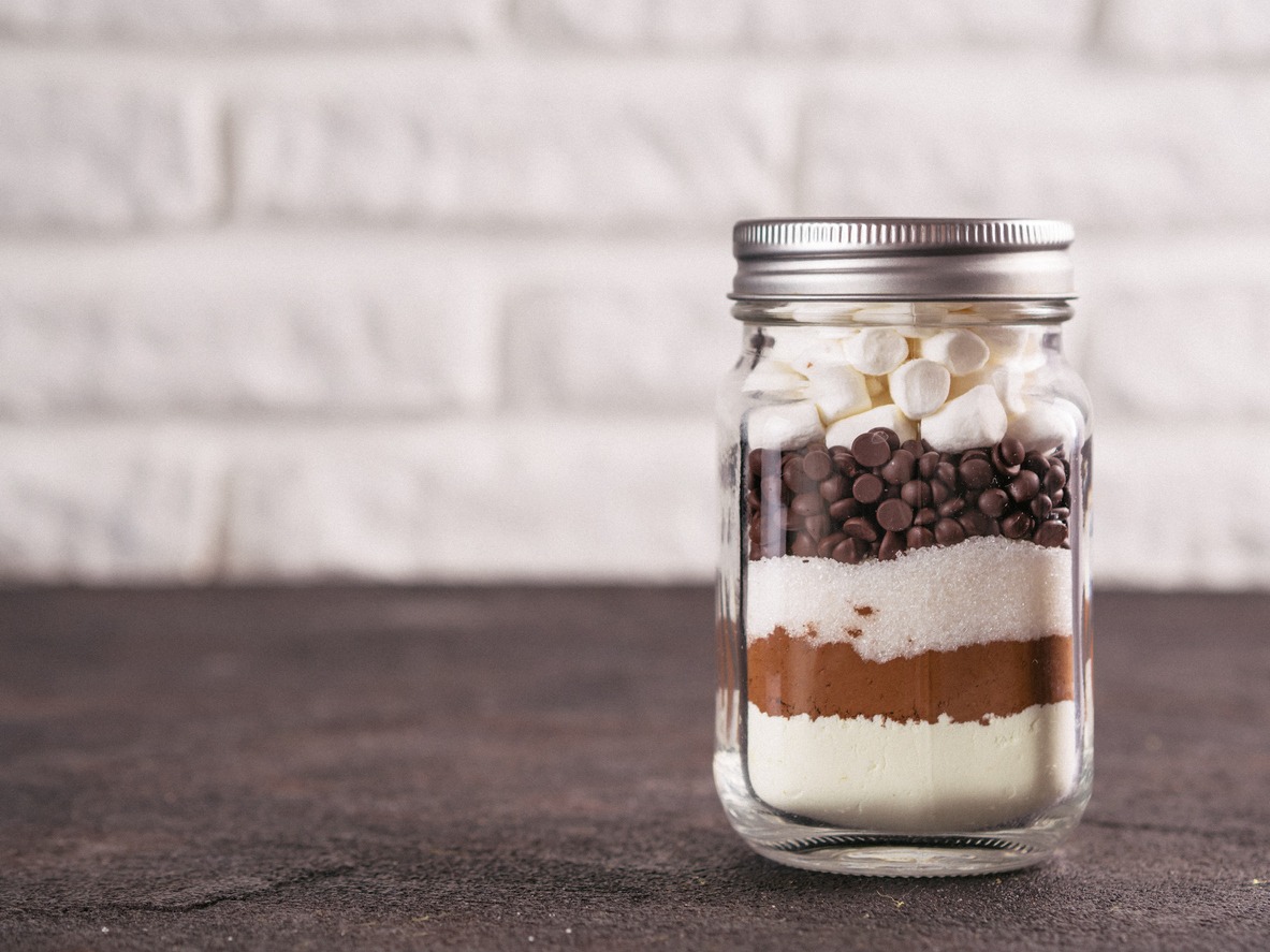 Hot chocolate mix in mason jar with copy space
