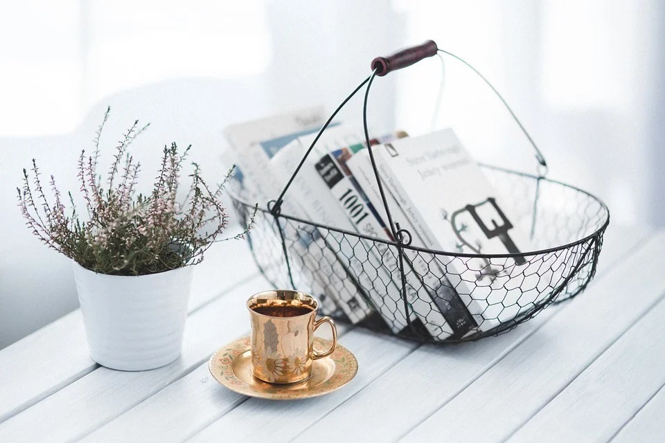 Image-of-books-in-a-basket-with-a-cup-of-coffee.