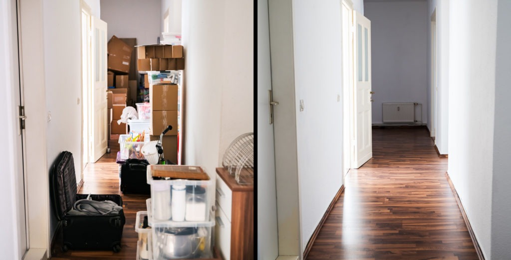 Organizing cluttered junk in hallway before and after 