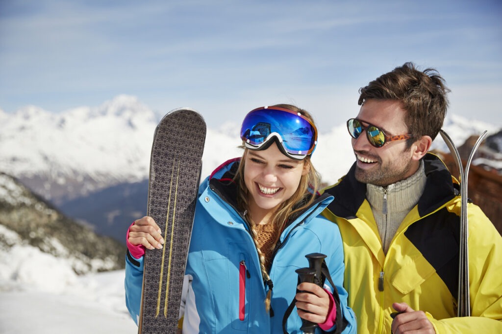 couple with skiing gear
