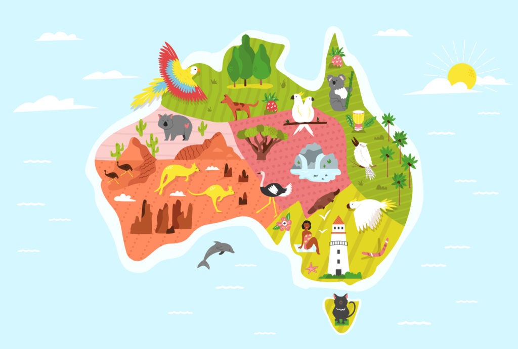 Illustrated map of Australia with symbols and animals. Bright design for tourist posters, banners, leaflets, prints