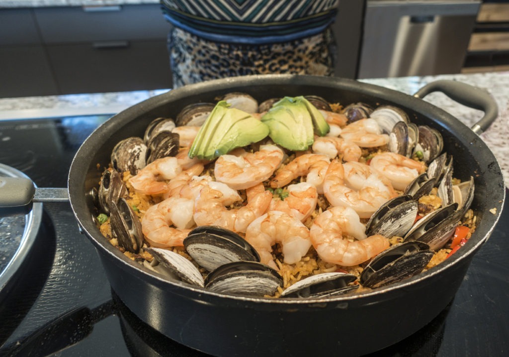 Shrimp Paella in Kitchen Saute Pan On Stove