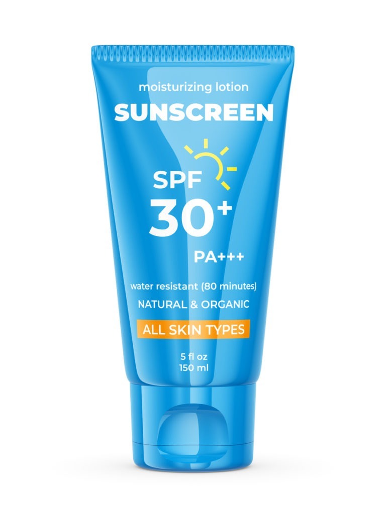 Sun protection lotion with SPF 30. Blue tube contaiber with sunscreen
