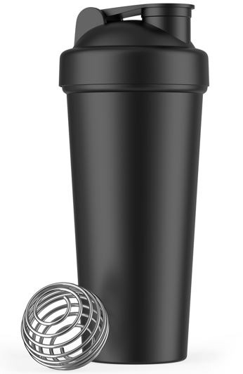 A black plastic bottle blender and a metal shaker