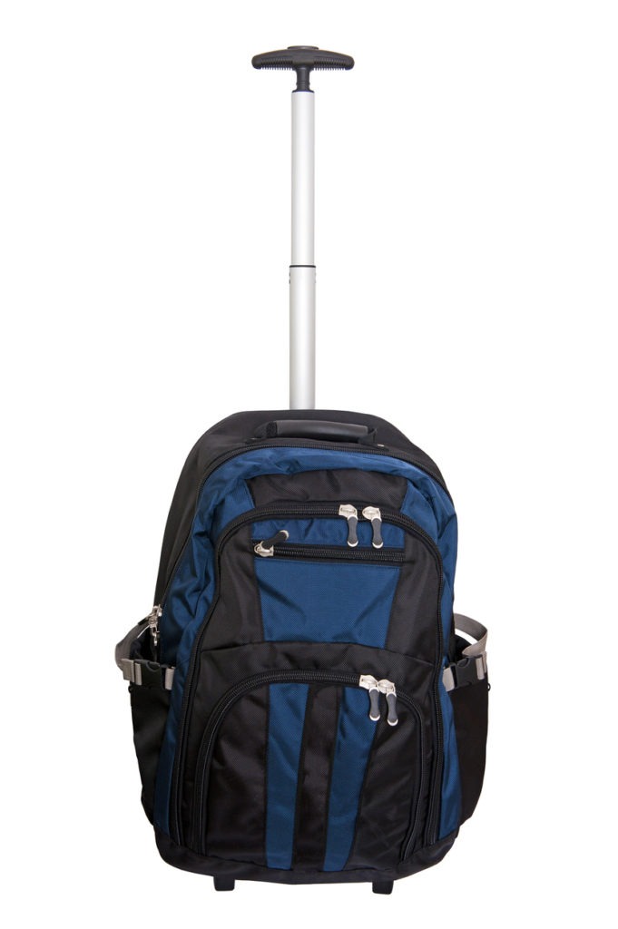 Blue backpack with handles and wheels. 