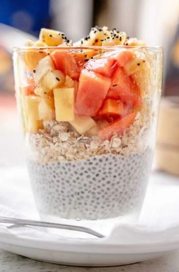 Chia pudding with slices of fruits on top