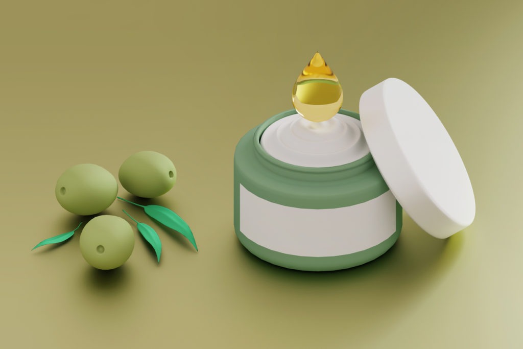 Olive oil and olive berries are used as moisturizing ingredients in this mockup template for natural cosmetics.