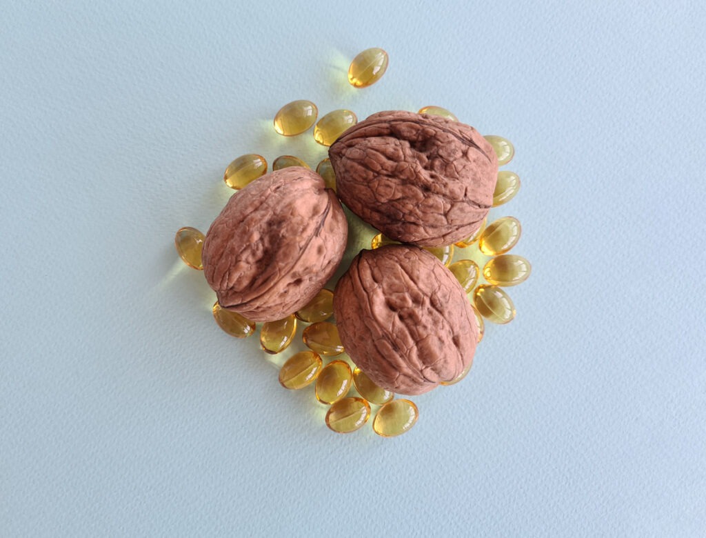 Walnuts and omega-3-rich medicinal capsules