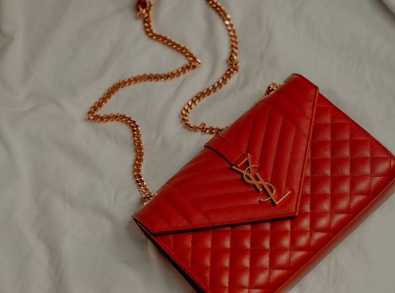 a red, leather quilted bag