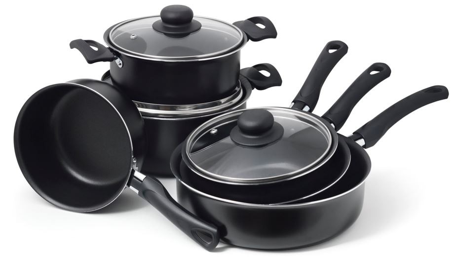 a set of black non-stick cookware against a white background