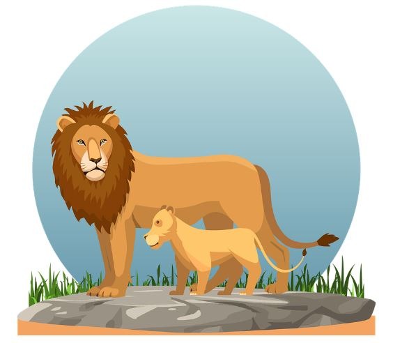 a-vector-image-of-a-lion-and-its-cub-on-top-of-a-slab-of-rock-and-surrounded-by-grass