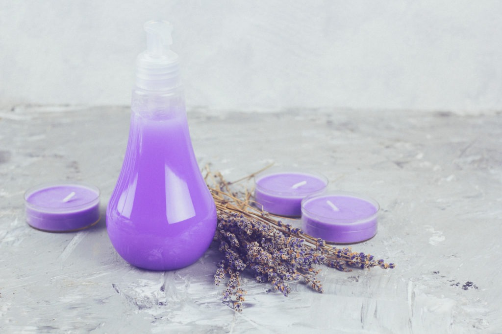dry lavender flowers, liquid lavender soap