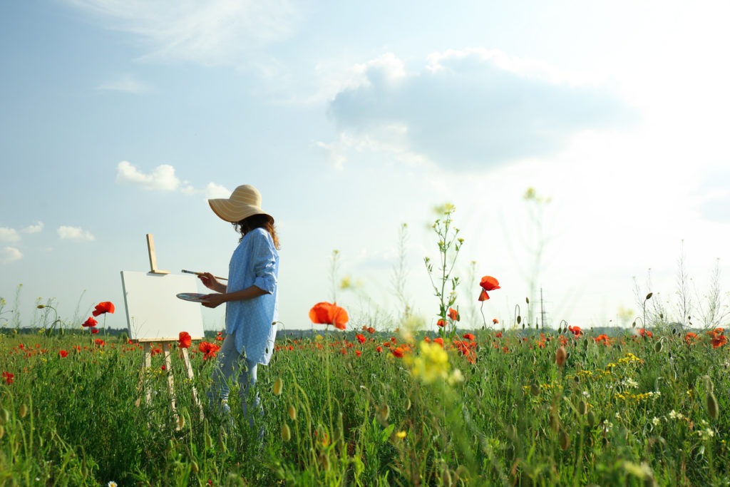 Sketching Field Easel, Woman Painting on Easel in Beautiful Poppy Field