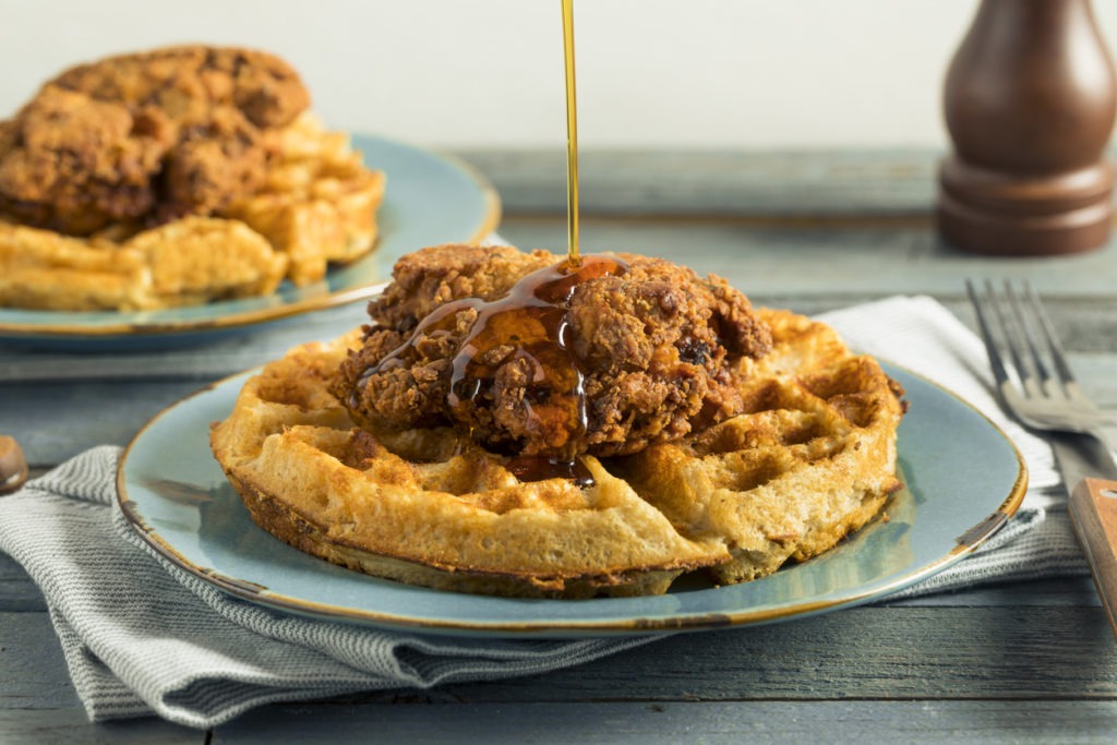 Chicken and waffles with syrup