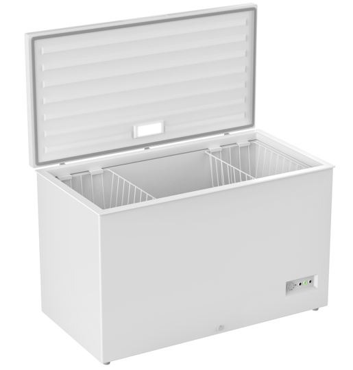 Image of an open white chest freezer