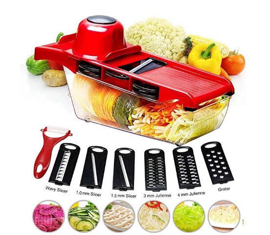 Mandoline-Slicer-Vegetable-Slicer-Cutter-6-Interchangeable-Blades-Easy-to-Clean-Stainless-Steel-Adjustable-Multi-blade-Comes-with-Peeler-Storage-Container-and-Hand-Protection-Red