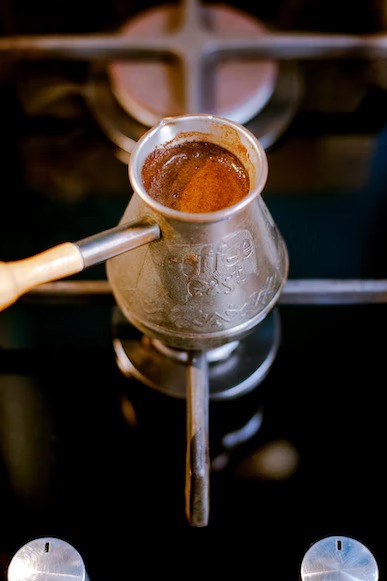 Turkish coffee brewed in cezve